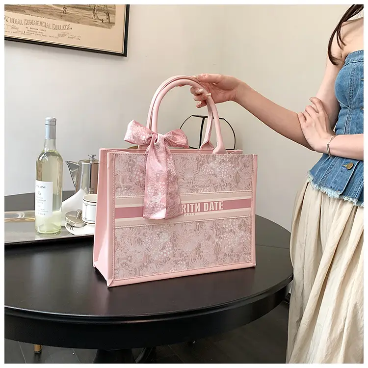 Women Embroidered Pink Tote Bag with Bow — feature 36