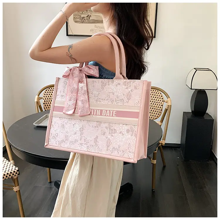 Women Embroidered Pink Tote Bag with Bow — feature 37