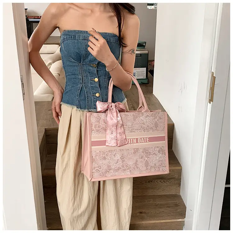Women Embroidered Pink Tote Bag with Bow — feature 38