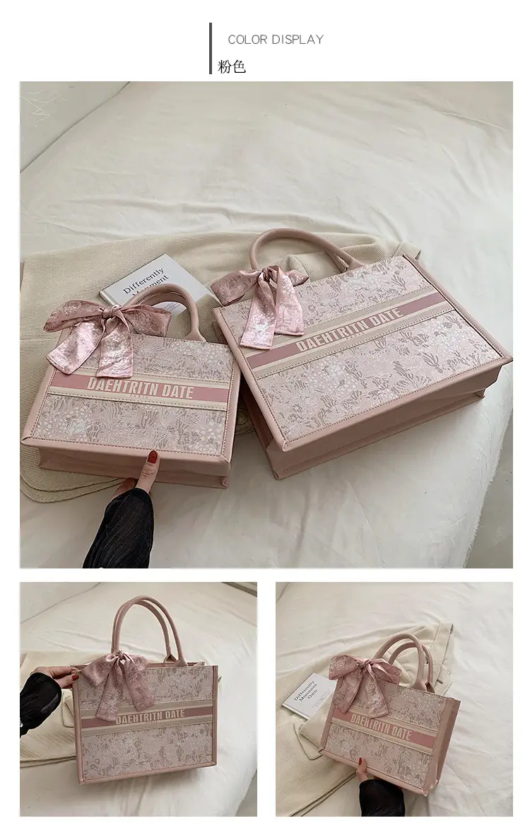 Women Embroidered Pink Tote Bag with Bow — feature 8