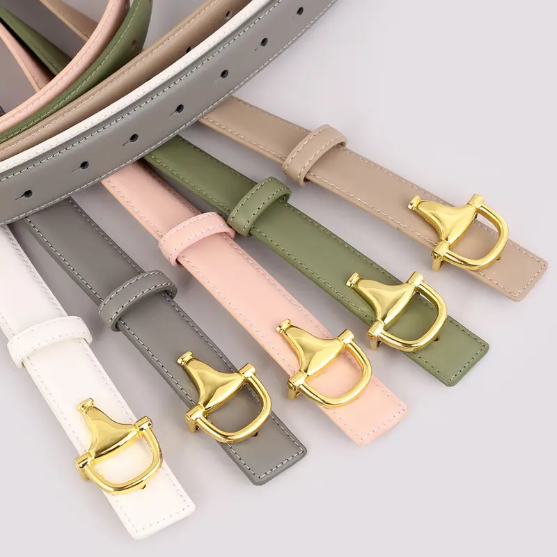 Women's Pink Genuine Leather Belt with Gold T-Buckle - Image 11