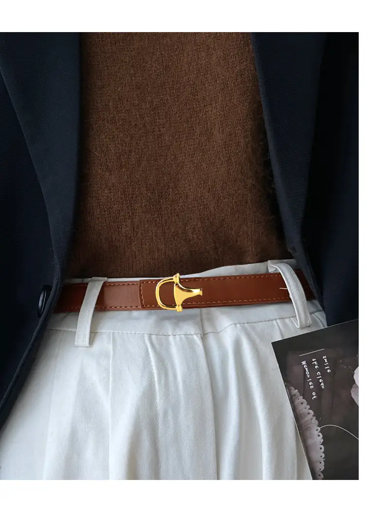 Women's Pink Genuine Leather Belt with Gold T-Buckle — feature 29
