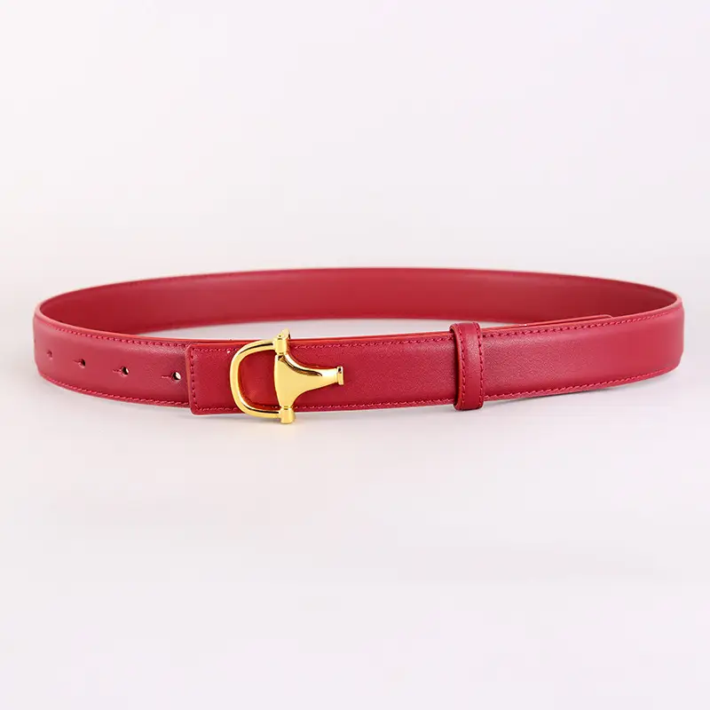 Women's Pink Genuine Leather Belt with Gold T-Buckle - Image 6