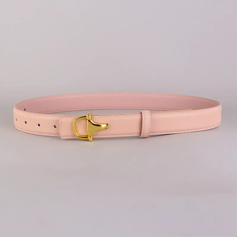Women's Pink Genuine Leather Belt with Gold T-Buckle - Image 7
