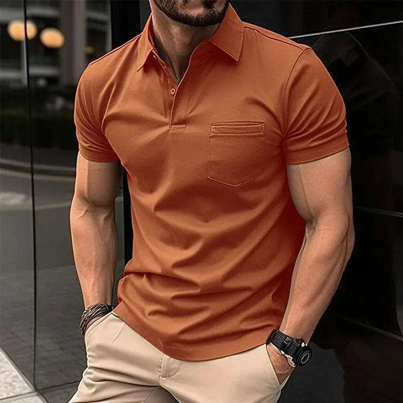 Men's Grey Polo Shirt Button Flap Pocket Summer 2023 - Image 7