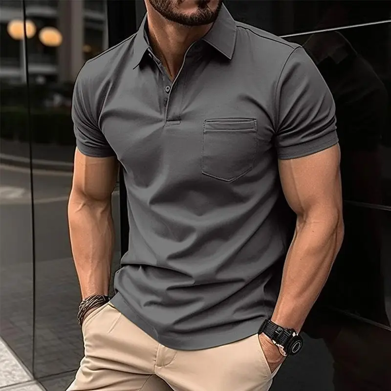 Men's Grey Polo Shirt Button Flap Pocket Summer 2023 - Image 9