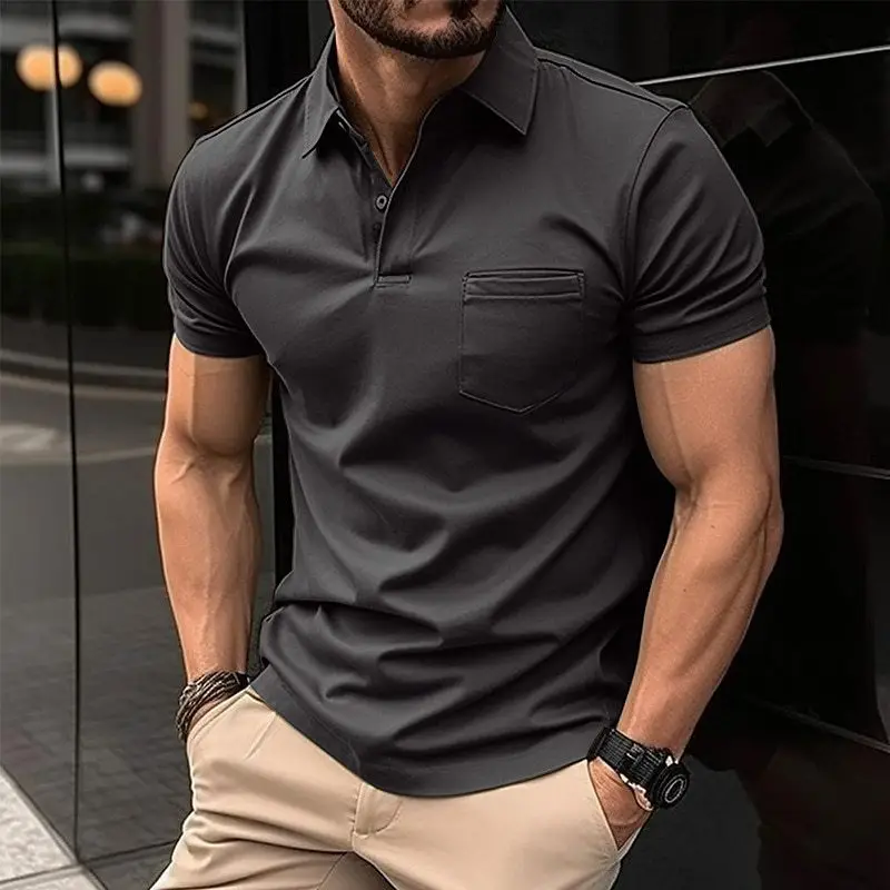 Men's Grey Polo Shirt Button Flap Pocket Summer 2023 - Image 5