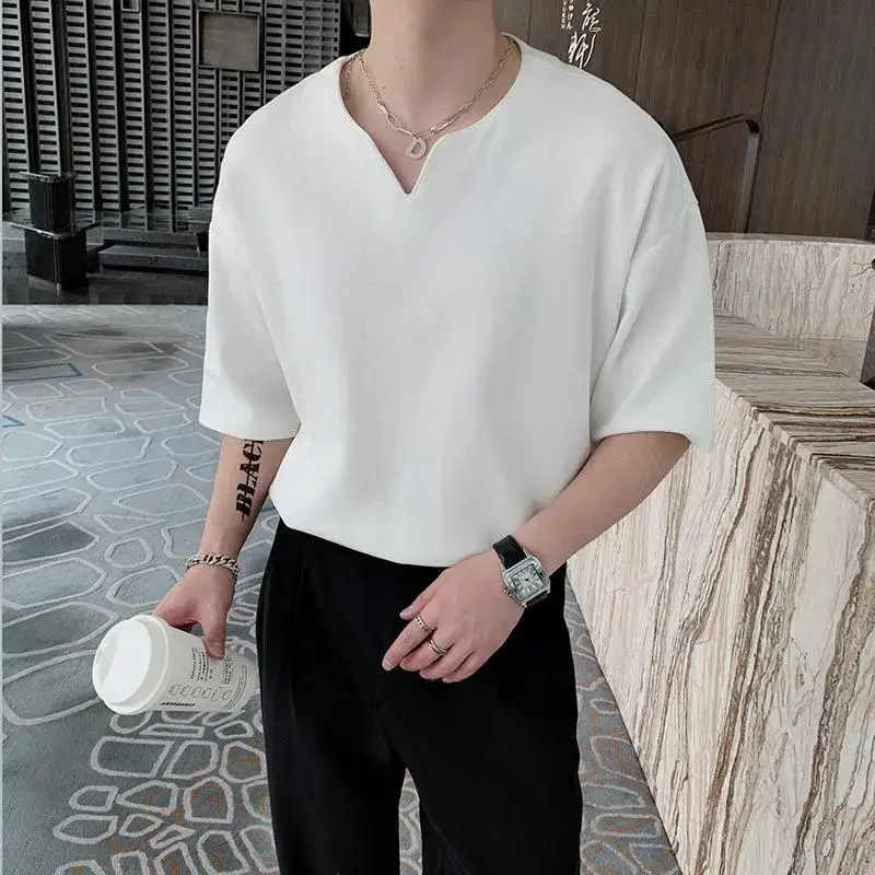 Men Black V Neck Short Sleeve T-Shirt Loose Fit - Image 3
