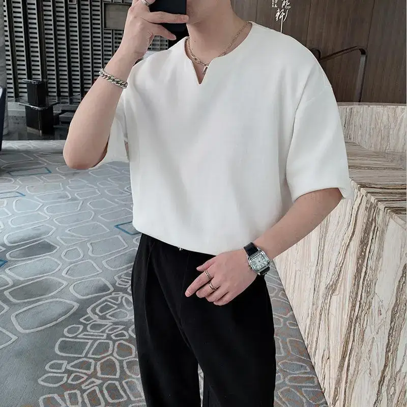 Men Black V Neck Short Sleeve T-Shirt Loose Fit - Image 5