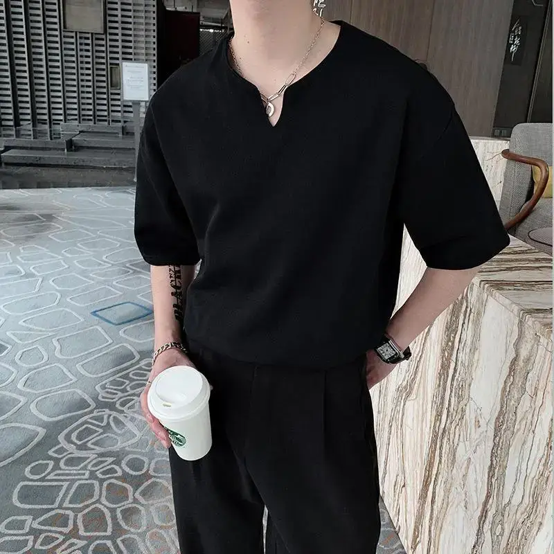 Men Black V Neck Short Sleeve T-Shirt Loose Fit - Image 6