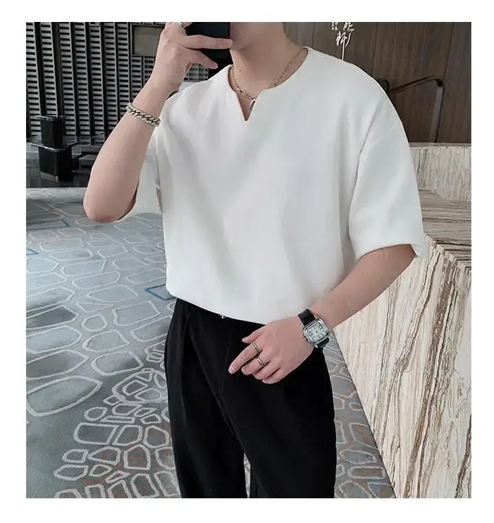 Men Black V Neck Short Sleeve T-Shirt Loose Fit — feature 36
