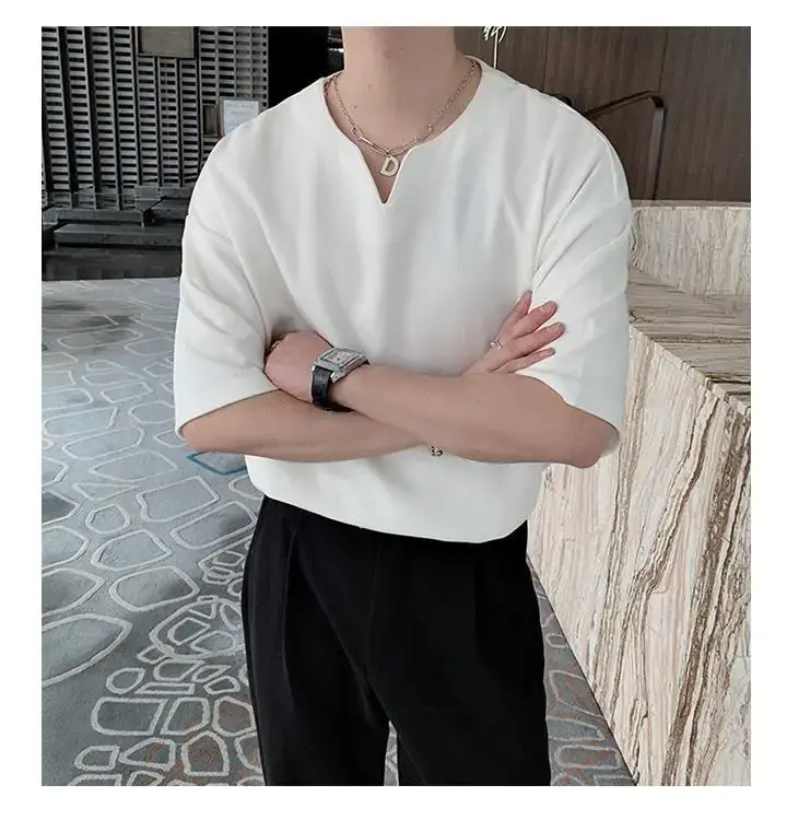 Men Black V Neck Short Sleeve T-Shirt Loose Fit — feature 37