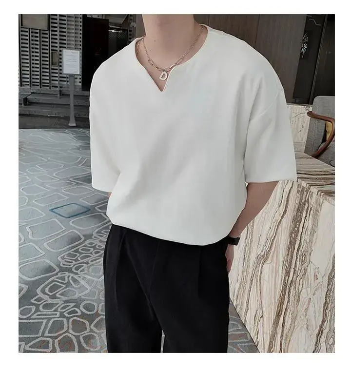 Men Black V Neck Short Sleeve T-Shirt Loose Fit — feature 38