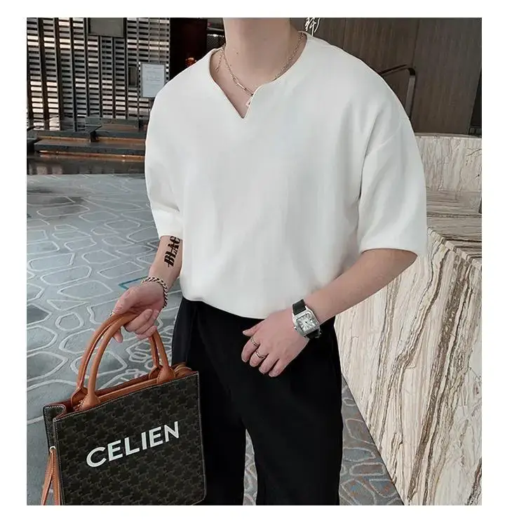 Men Black V Neck Short Sleeve T-Shirt Loose Fit — feature 39