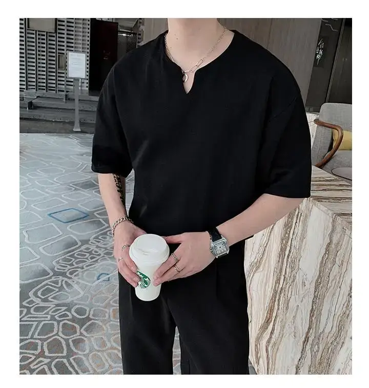 Men Black V Neck Short Sleeve T-Shirt Loose Fit — feature 40