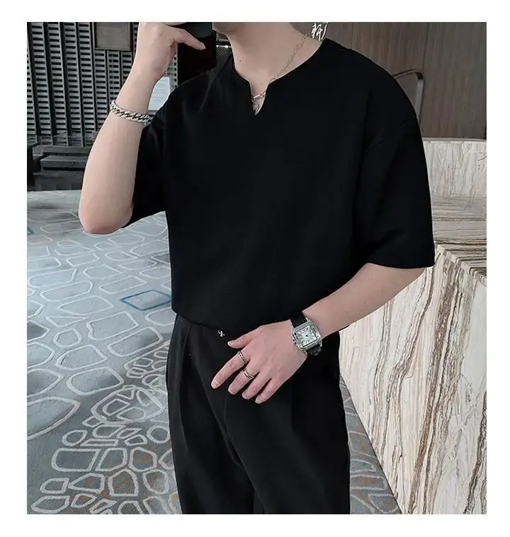 Men Black V Neck Short Sleeve T-Shirt Loose Fit — feature 41