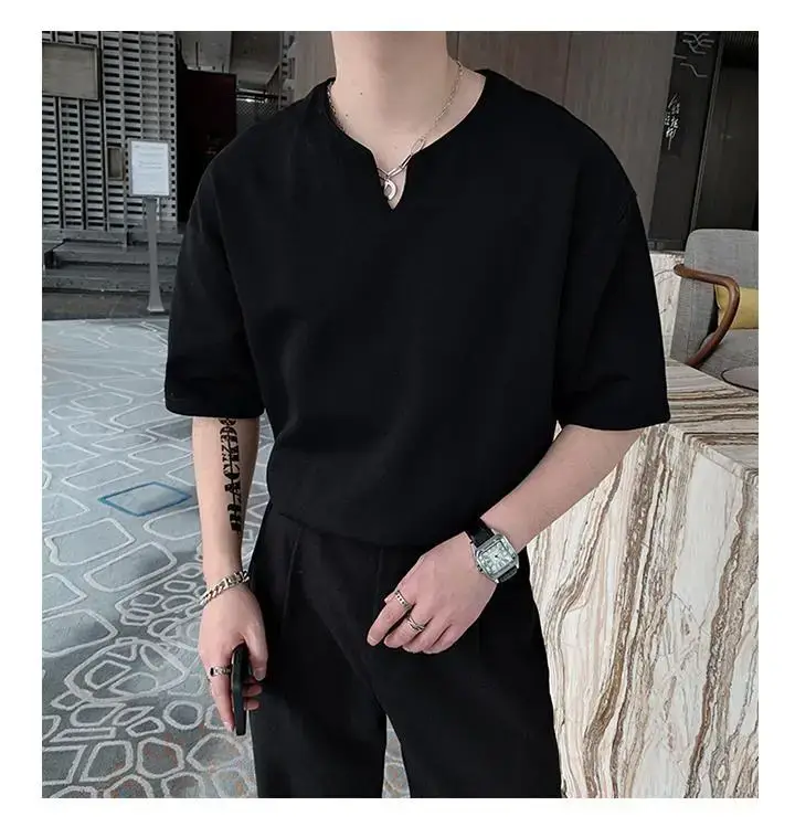 Men Black V Neck Short Sleeve T-Shirt Loose Fit — feature 42