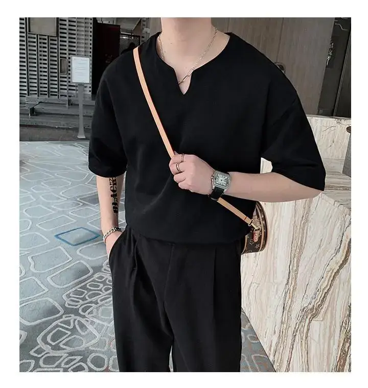 Men Black V Neck Short Sleeve T-Shirt Loose Fit — feature 43