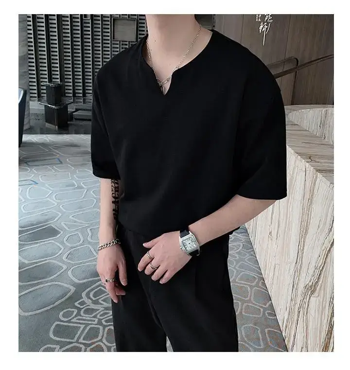 Men Black V Neck Short Sleeve T-Shirt Loose Fit — feature 44