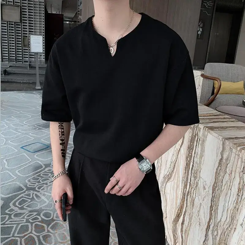 Men Black V Neck Short Sleeve T-Shirt Loose Fit - Image 2