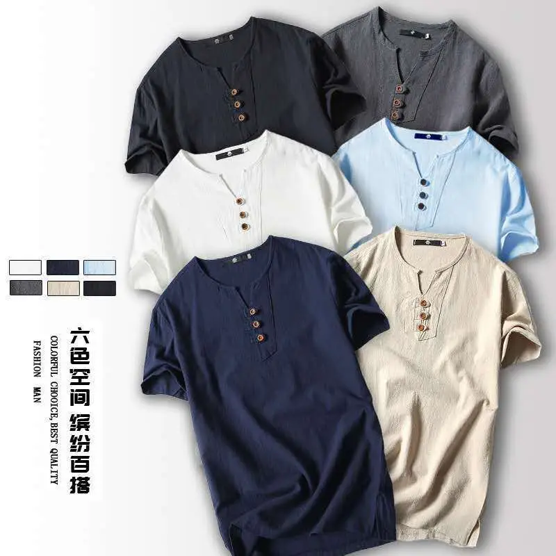 Men Linen T-Shirt Short Sleeve Retro Cotton Multi Color - Image 12