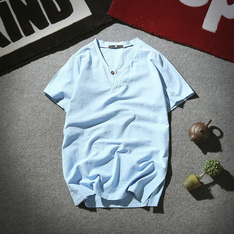 Men Linen T-Shirt Short Sleeve Retro Cotton Multi Color - Image 13