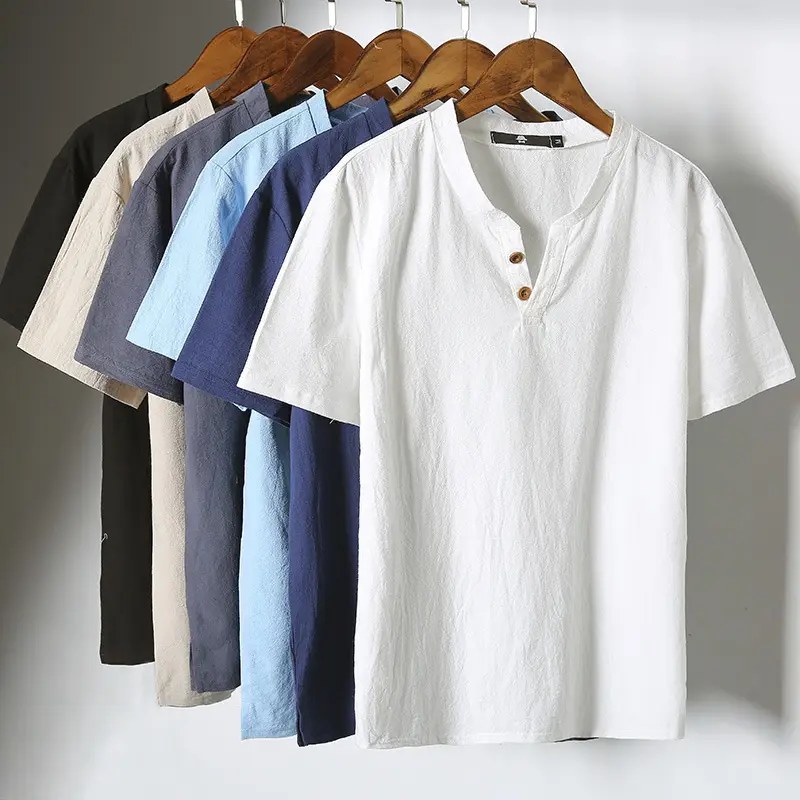 Men Linen T-Shirt Short Sleeve Retro Cotton Multi Color - Image 14