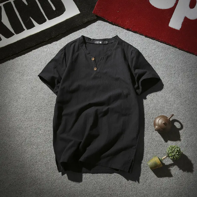Men Linen T-Shirt Short Sleeve Retro Cotton Multi Color - Image 15