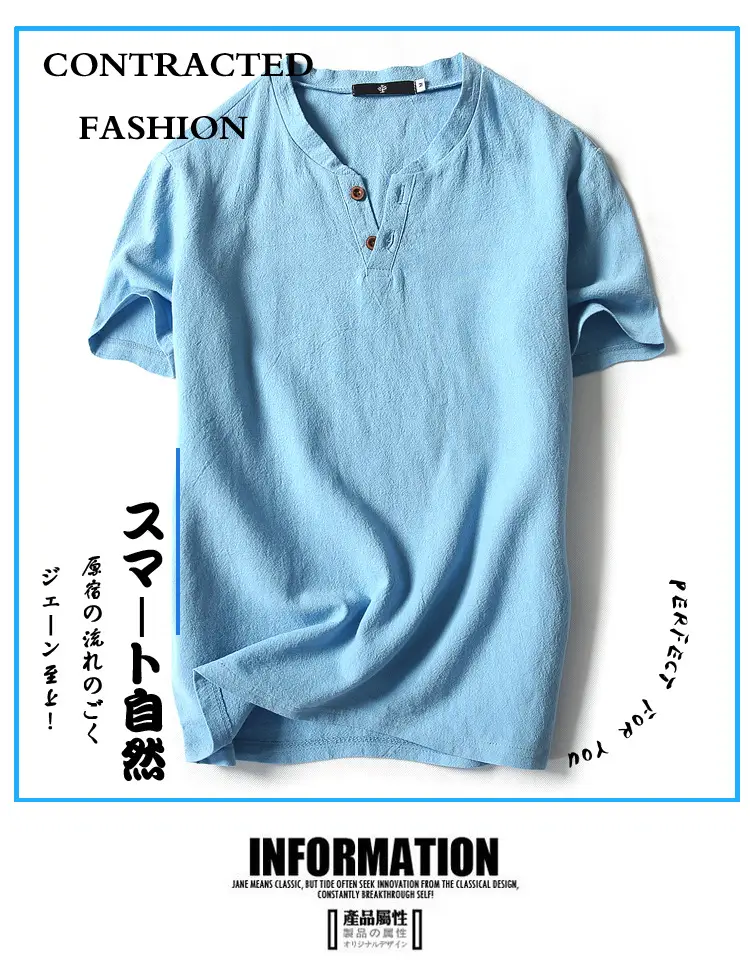 Men Linen T-Shirt Short Sleeve Retro Cotton Multi Color — feature 1