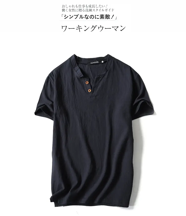 Men Linen T-Shirt Short Sleeve Retro Cotton Multi Color — feature 12