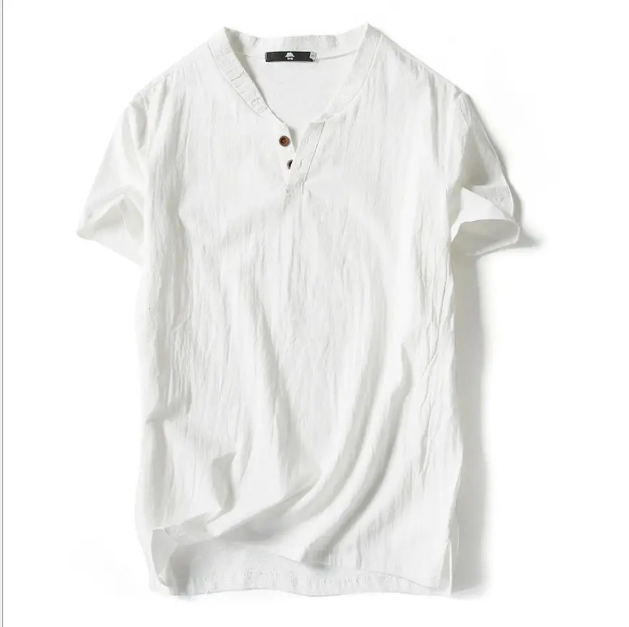 Men Linen T-Shirt Short Sleeve Retro Cotton Multi Color - Image 5