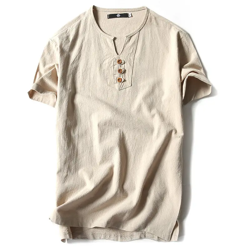 Men Linen T-Shirt Short Sleeve Retro Cotton Multi Color - Image 7