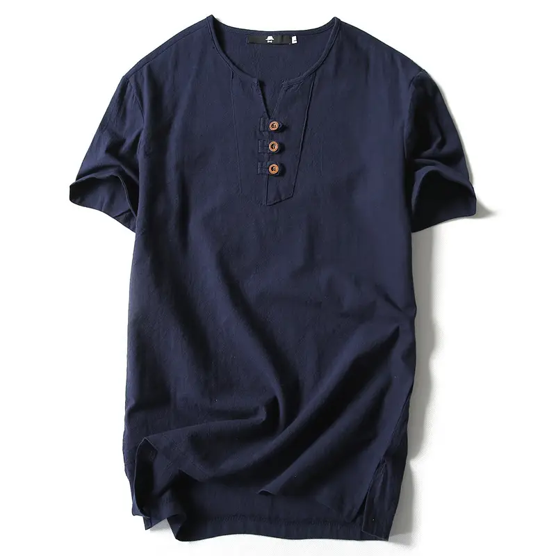 Men Linen T-Shirt Short Sleeve Retro Cotton Multi Color - Image 9