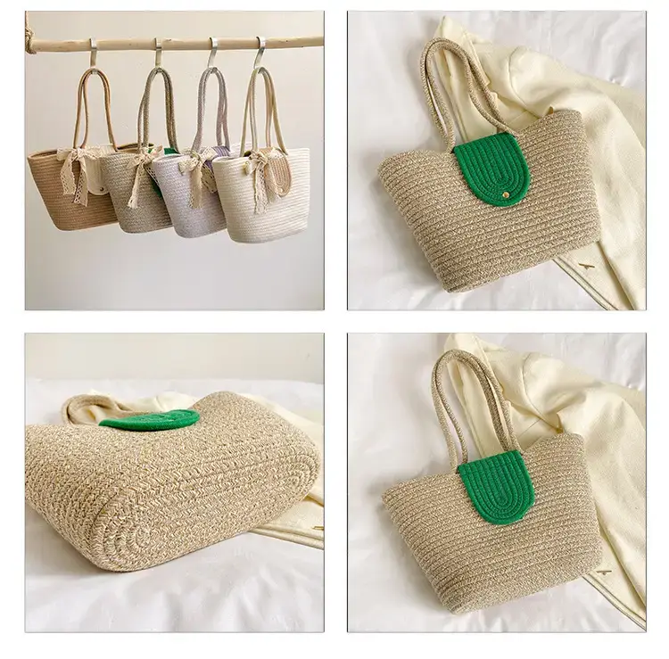 Women's woven straw tote bag with purple accent — feature 10