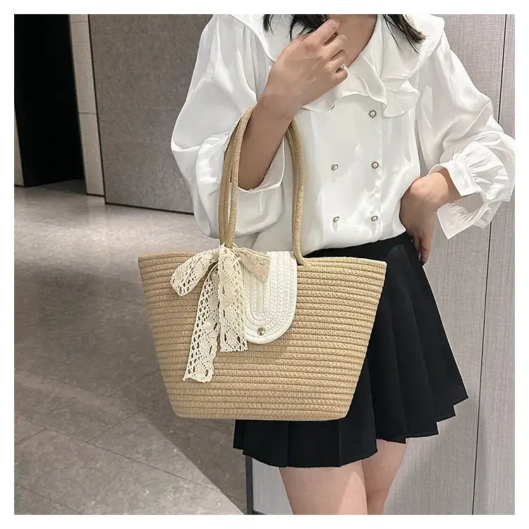 Women's woven straw tote bag with purple accent — feature 14