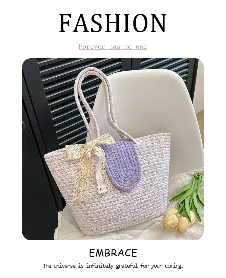 Women's woven straw tote bag with purple accent — feature 2