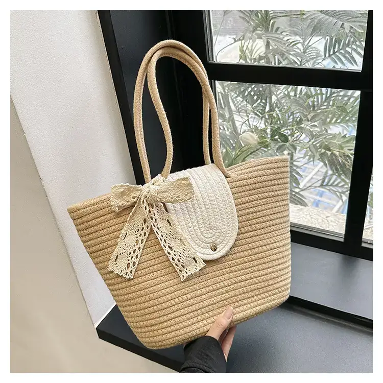 Women's woven straw tote bag with purple accent — feature 21