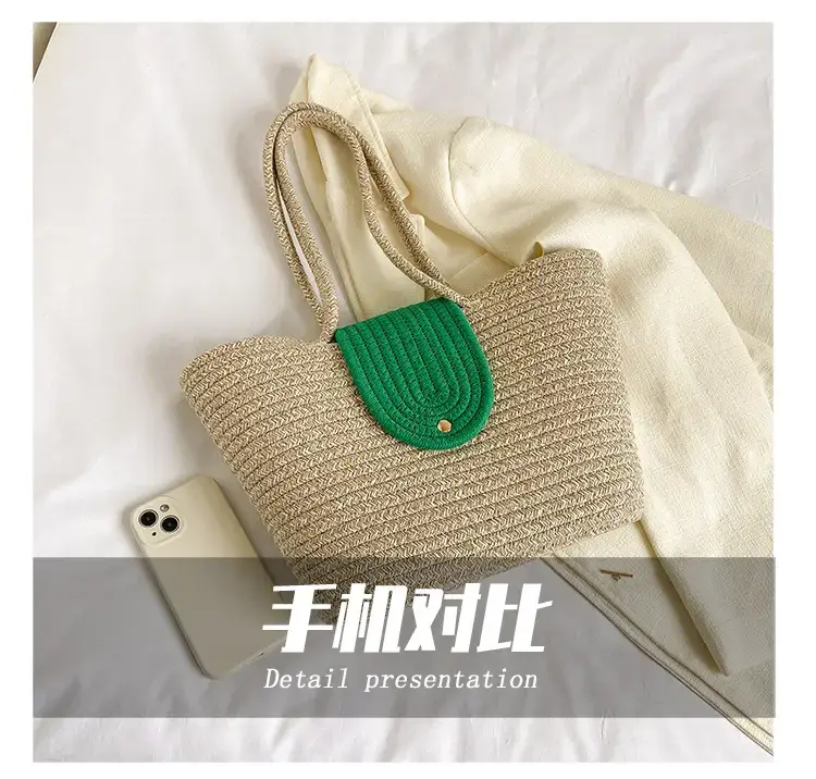 Women's woven straw tote bag with purple accent — feature 5