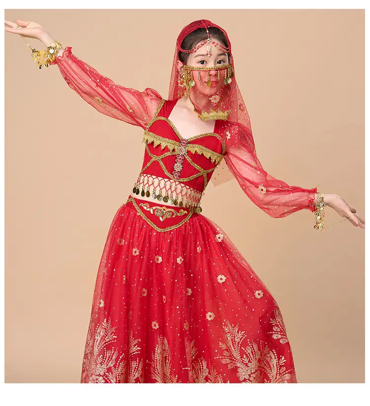 Jasmine Princess Belly Dance Dress Red Gold Embroidered — feature 17