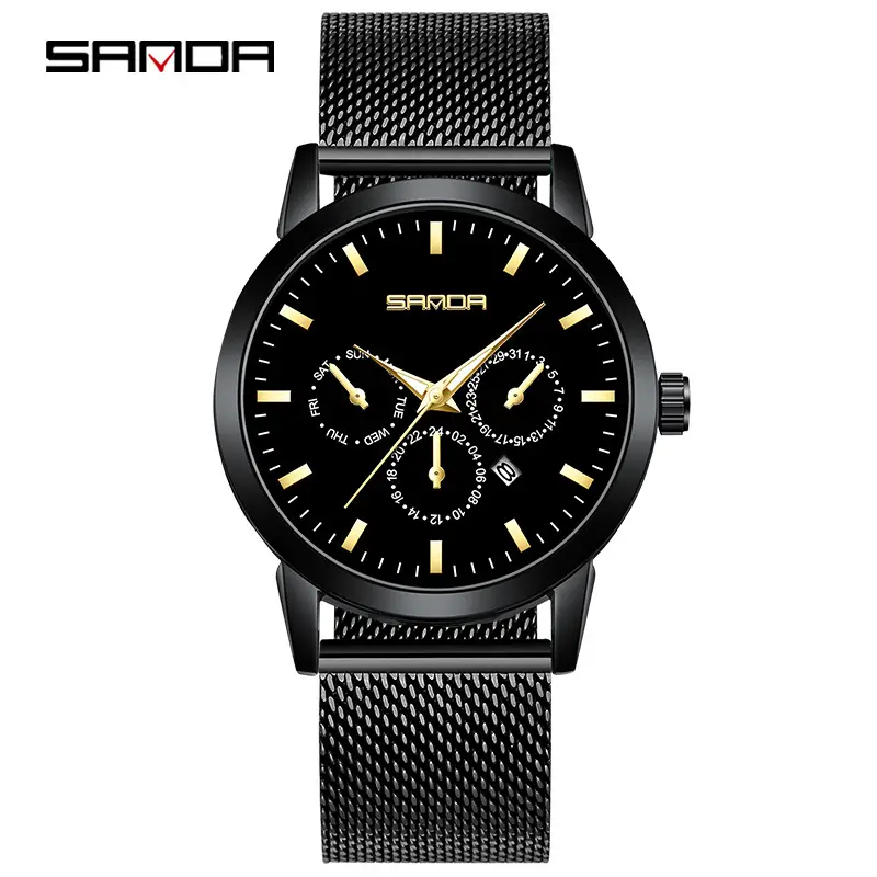 Sanda Men's Black Mesh Quartz Watch Three-Eye Six-Pin