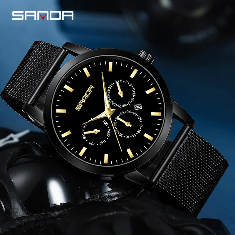 Sanda Men's Black Mesh Quartz Watch Three-Eye Six-Pin
