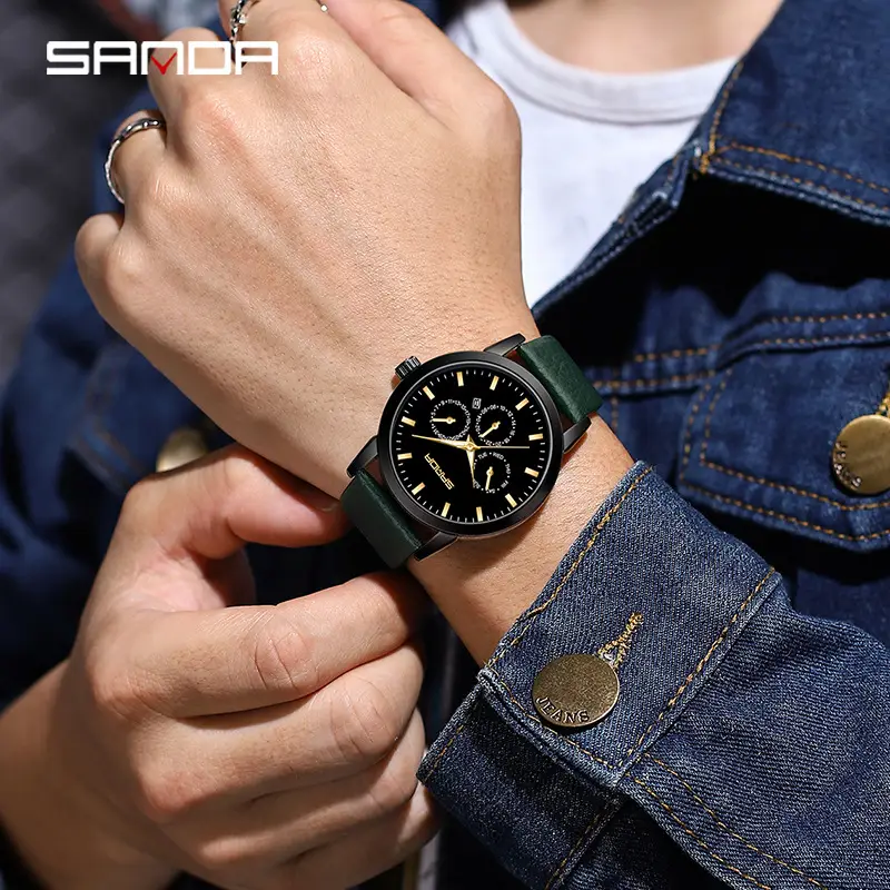 Sanda Men's Black Mesh Quartz Watch Three-Eye Six-Pin