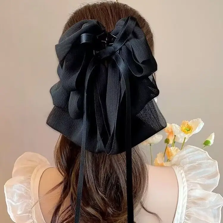 Black Large Streamer Bow Hairpin for Women - Image 6