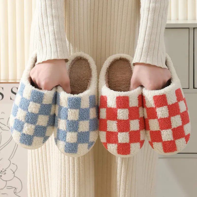 New Autumn and Winter Checkerboard Cotton Slippers for Men and Women, Indoor Home Plush Warm Cotton Slippers Wholesale - Image 5