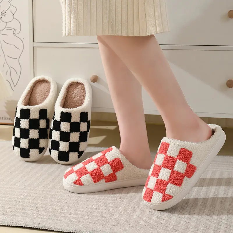 New Autumn and Winter Checkerboard Cotton Slippers for Men and Women, Indoor Home Plush Warm Cotton Slippers Wholesale - Image 7