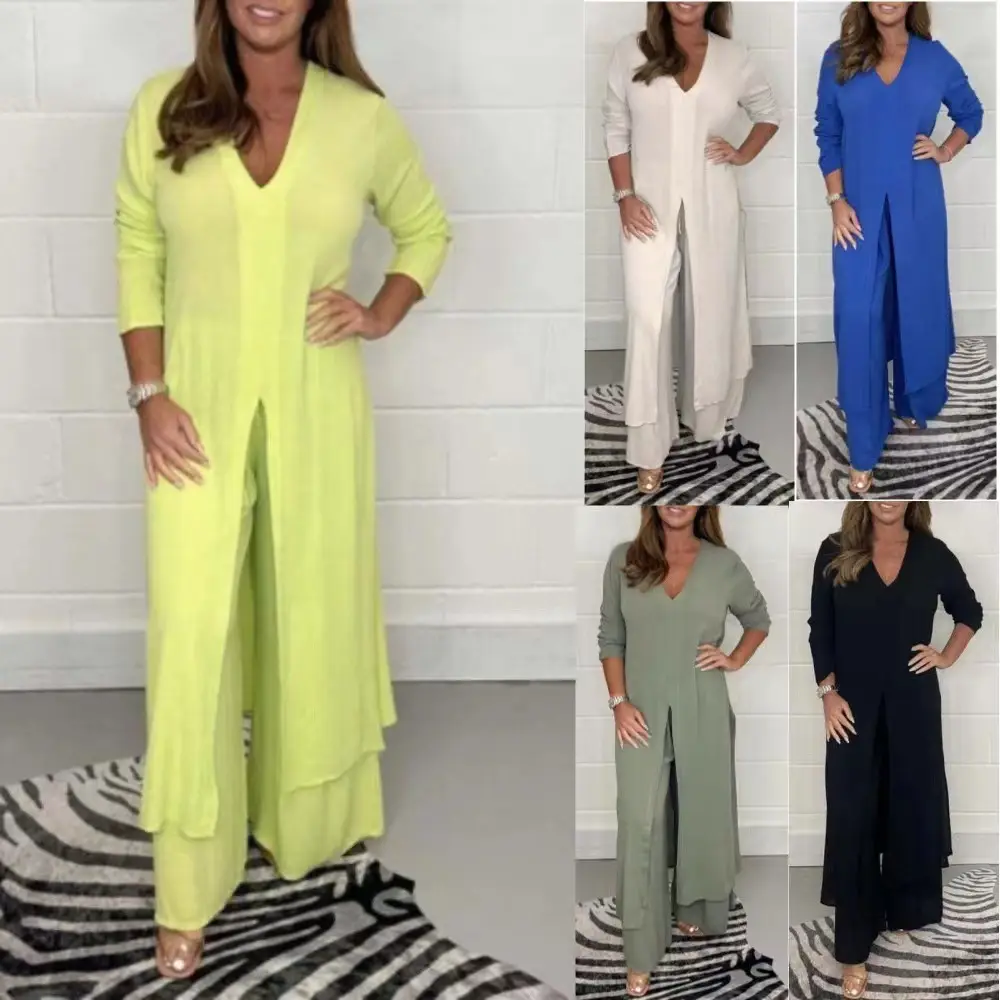 2024 Women's Green Slit Top & Pants Suit Set