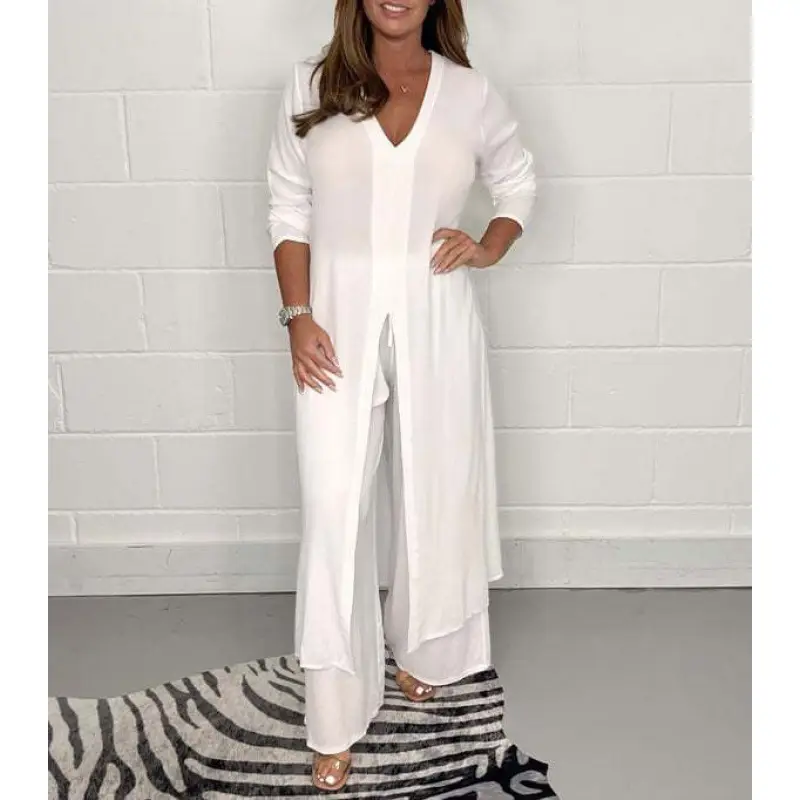 2024 Women's Green Slit Top & Pants Suit Set