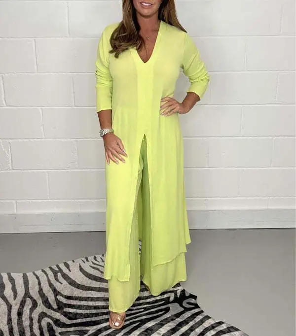 2024 Women's Green Slit Top & Pants Suit Set — feature 30