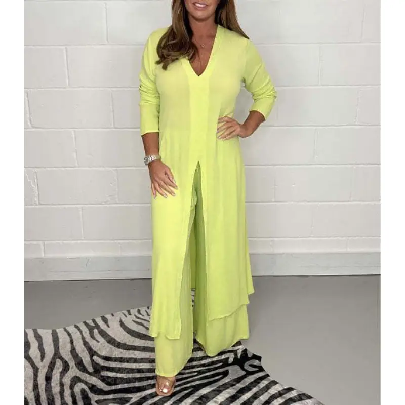 2024 Women's Green Slit Top & Pants Suit Set