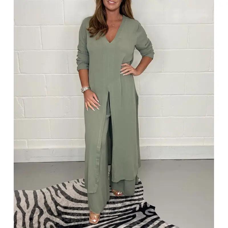 2024 Women's Green Slit Top & Pants Suit Set
